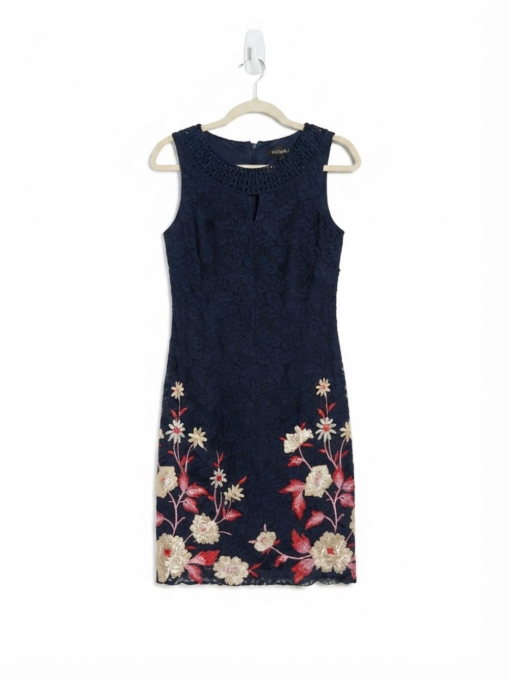 Roz & Ali Navy Sleeveless Lace Sheath Dress with Floral Embroidery